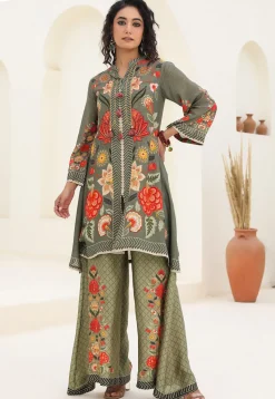 Digital Printed Art Silk A Line Kurta Set in Dark Grey
