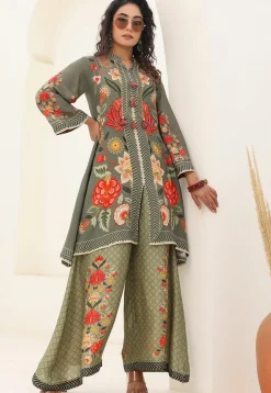 Digital Printed Art Silk A Line Kurta Set in Dark Grey