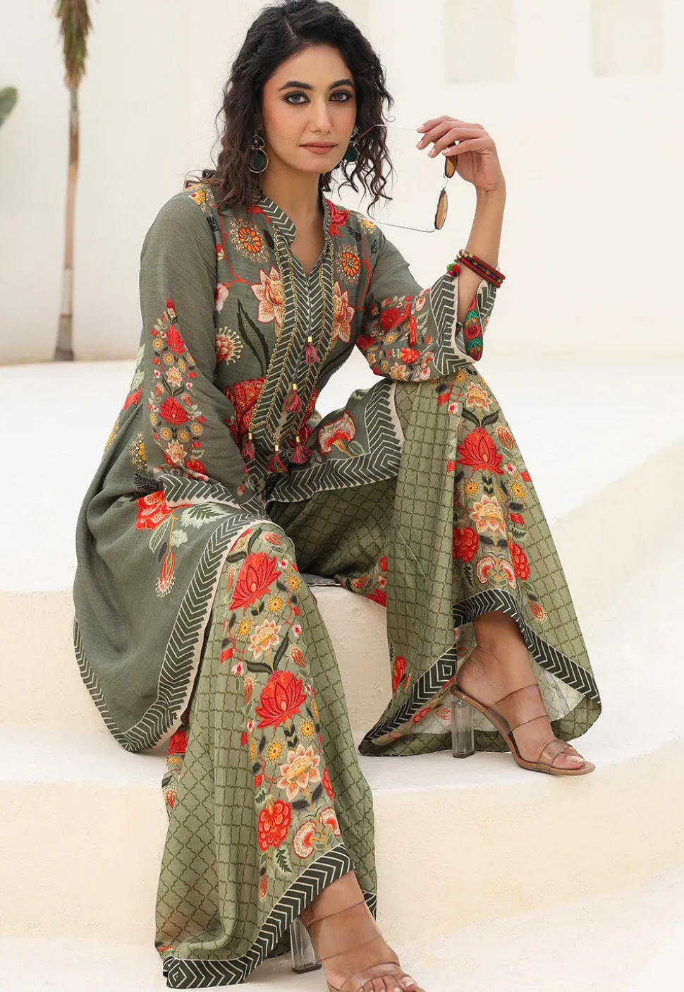 Digital Printed Art Silk A Line Kurta Set in Dark Grey