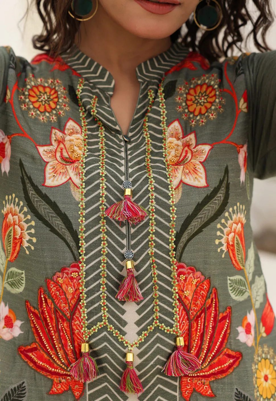 Digital Printed Art Silk A Line Kurta Set in Dark Grey