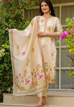 Digital Printed Art Silk Pakistani Suit in Beige