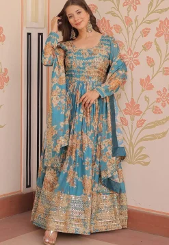 Digital Printed Art Silk Abaya Style Suit in Blue