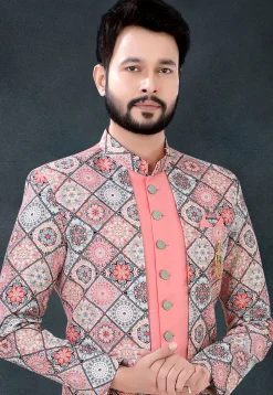 Digital Printed Art Silk Sherwani in Pink and Multicolor