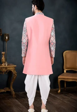 Digital Printed Art Silk Sherwani in Pink and Multicolor