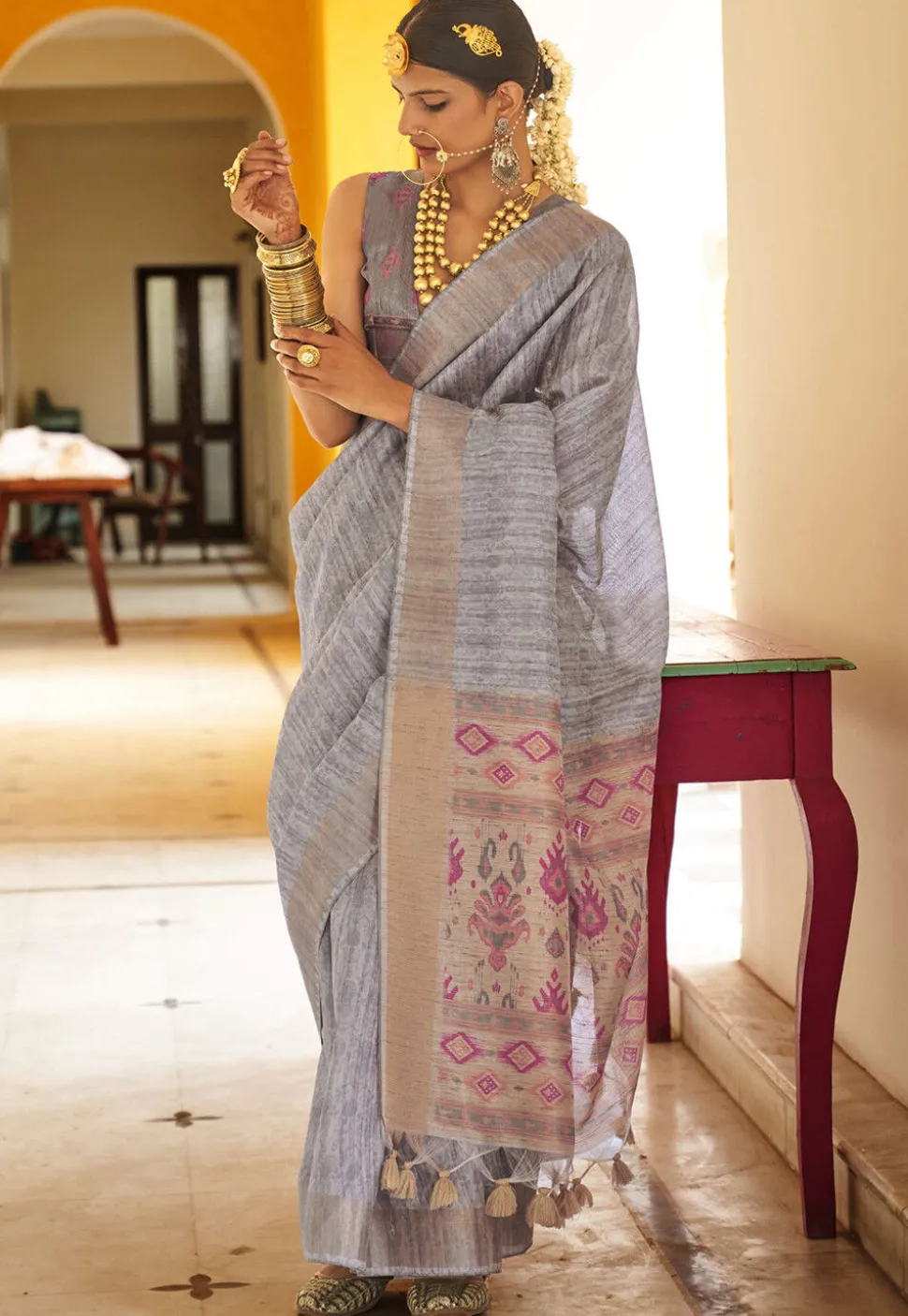 Digital Printed Art Silk Saree in Grey
