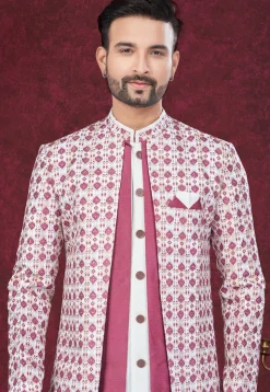 Digital Printed Art Silk Jacket Style Sherwani in Pink and Off White