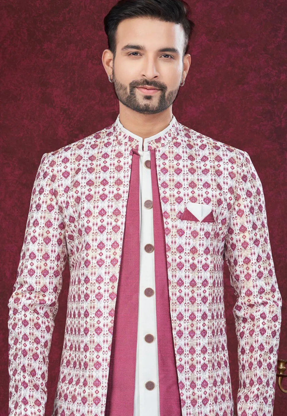 Digital Printed Art Silk Jacket Style Sherwani in Pink and Off White