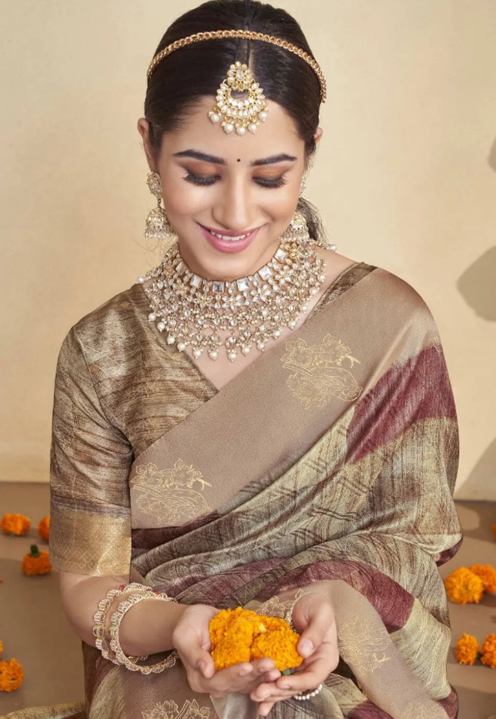 Digital Printed Art Silk Jacquard Saree in Beige