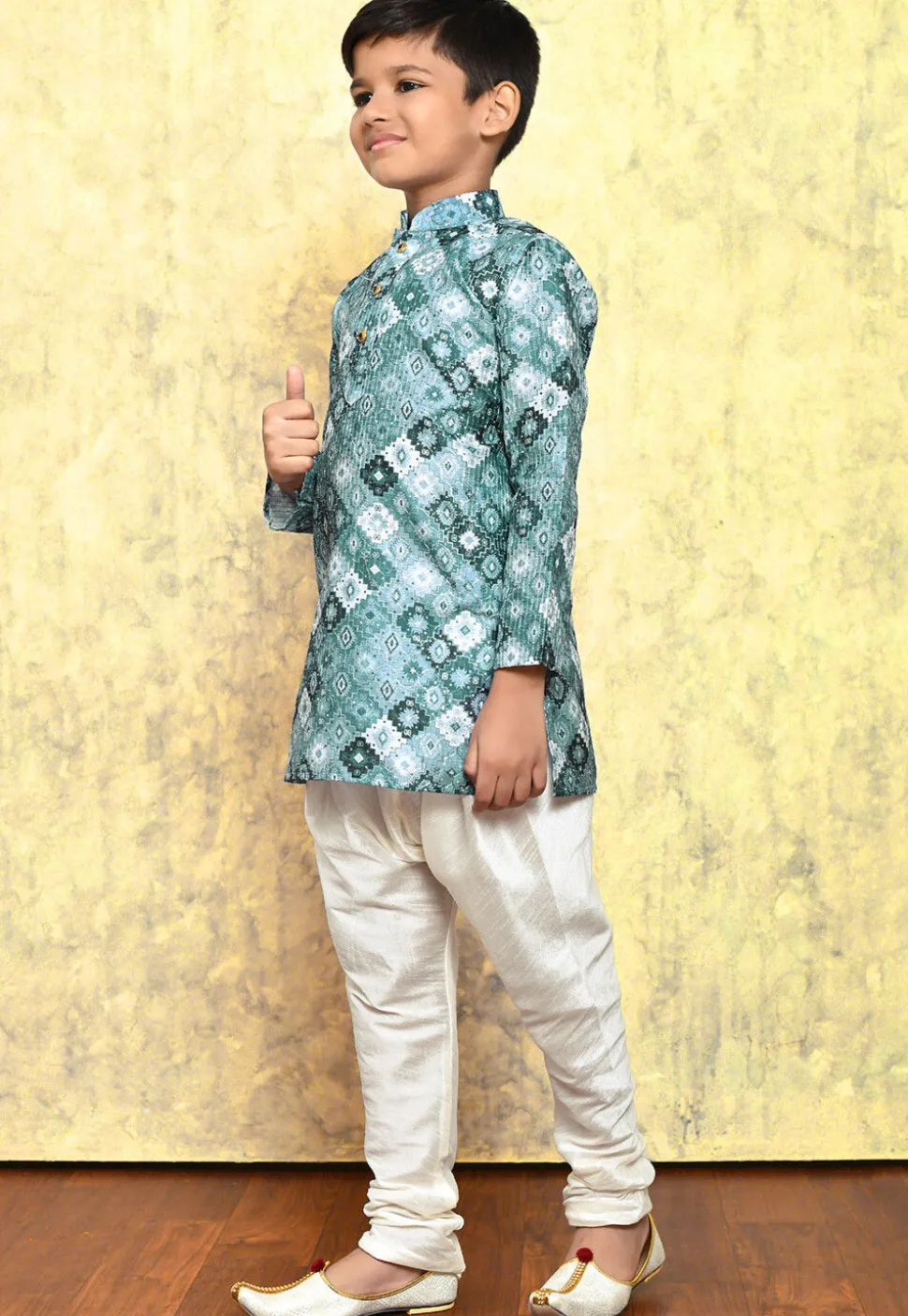 Digital Printed Art Silk Kurta Set in Grey