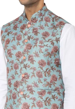 Digital Printed Art Silk Nehru Jacket in Sky Blue