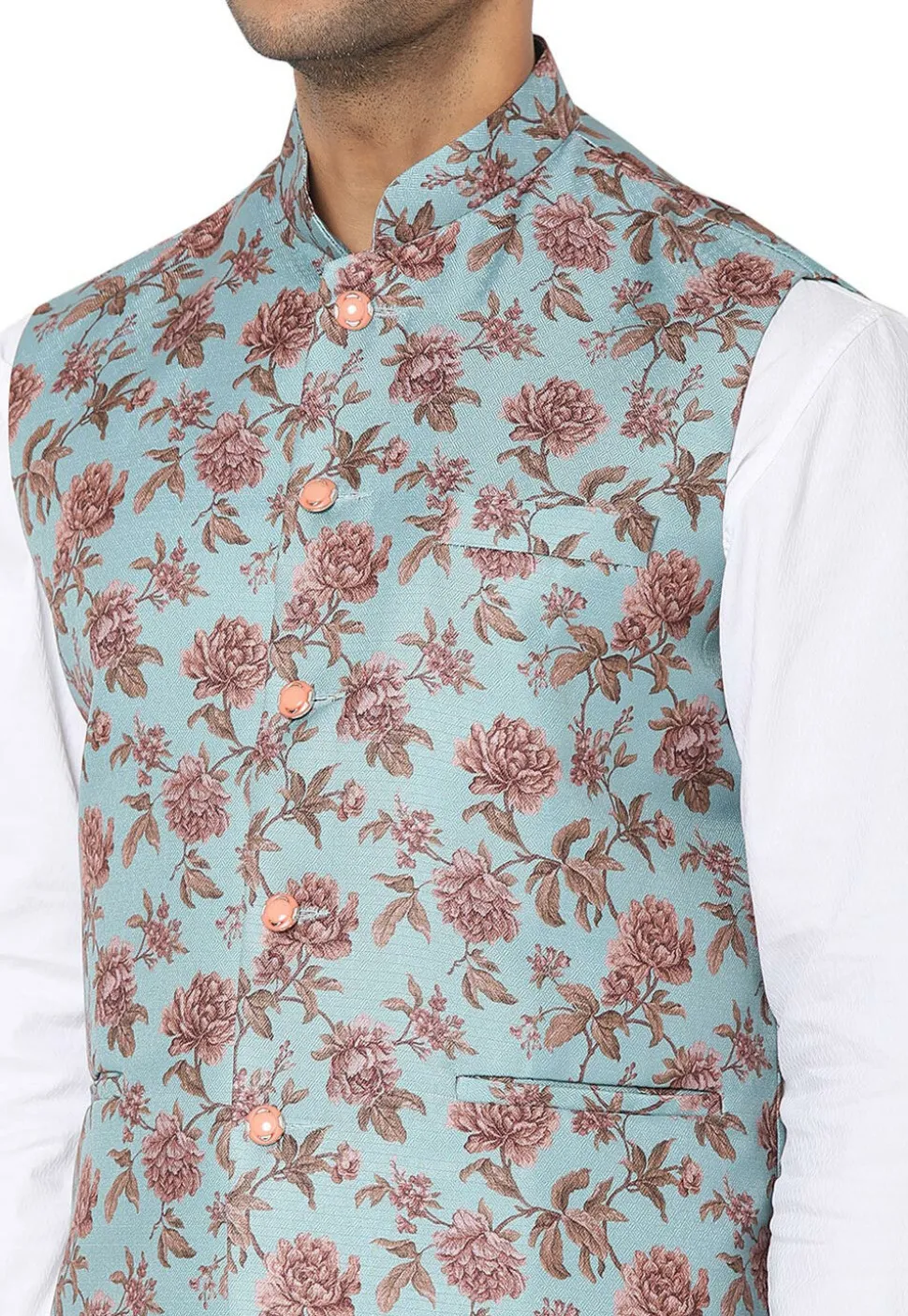Digital Printed Art Silk Nehru Jacket in Sky Blue