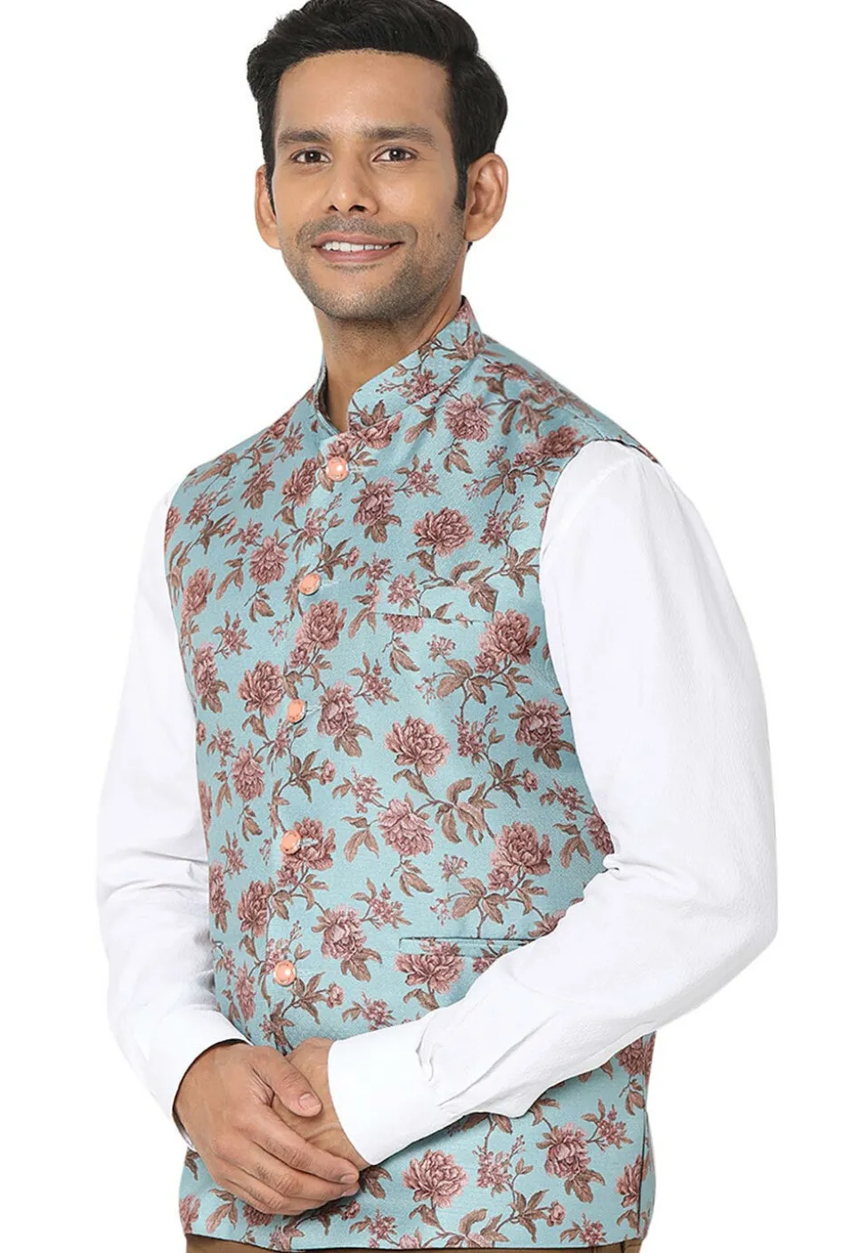 Digital Printed Art Silk Nehru Jacket in Sky Blue