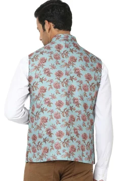 Digital Printed Art Silk Nehru Jacket in Sky Blue