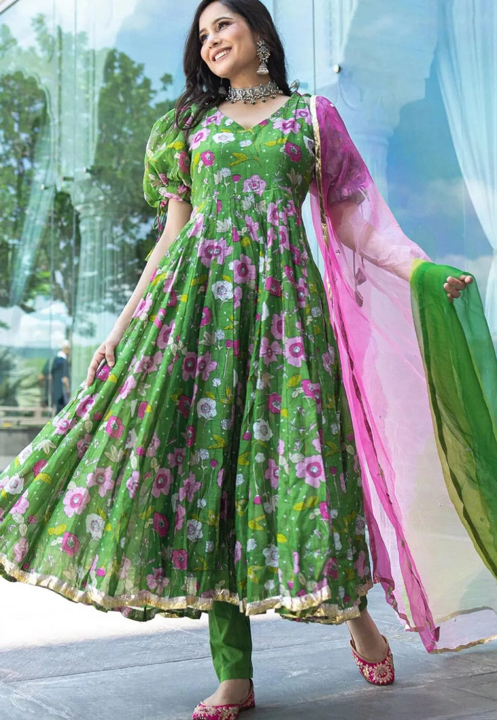 Digital Printed Art Silk Ananrkali Suit in Green