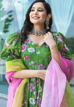 Digital Printed Art Silk Ananrkali Suit in Green