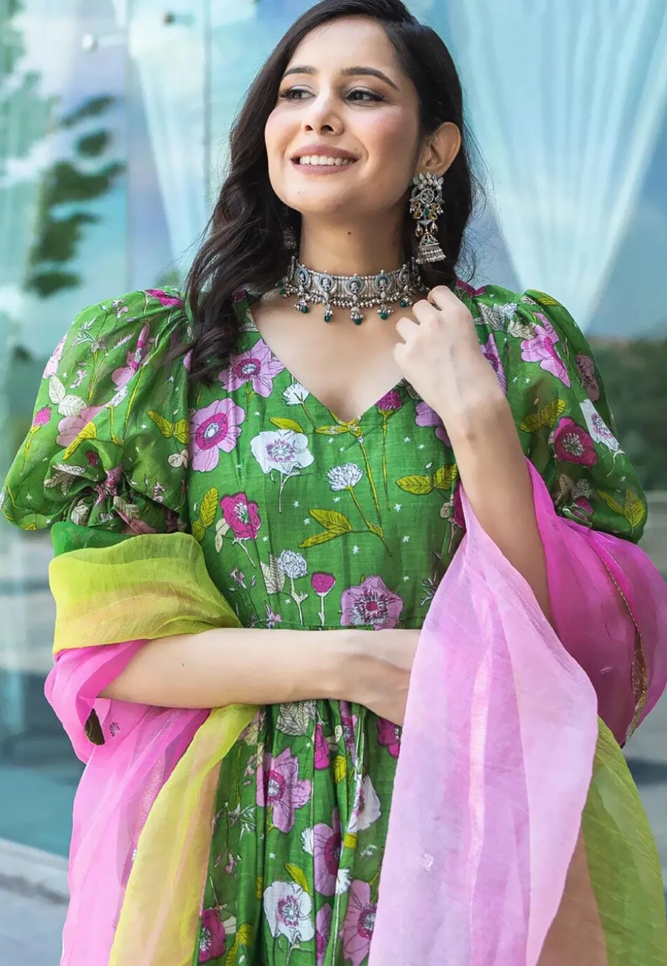 Digital Printed Art Silk Ananrkali Suit in Green