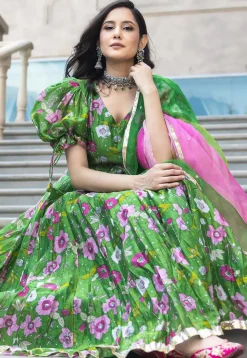 Digital Printed Art Silk Ananrkali Suit in Green