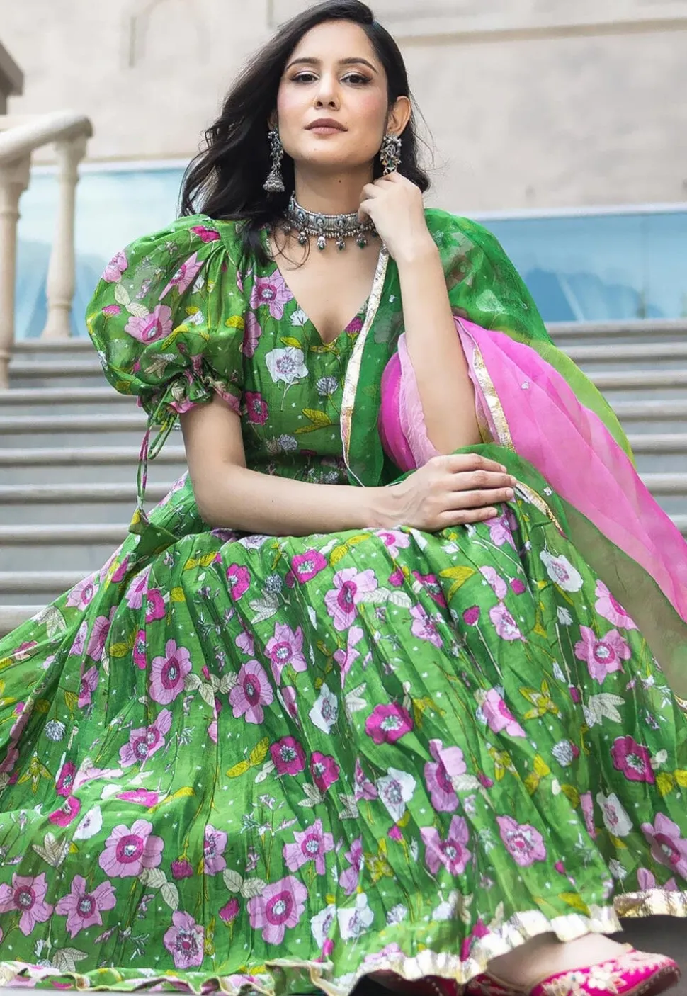 Digital Printed Art Silk Ananrkali Suit in Green