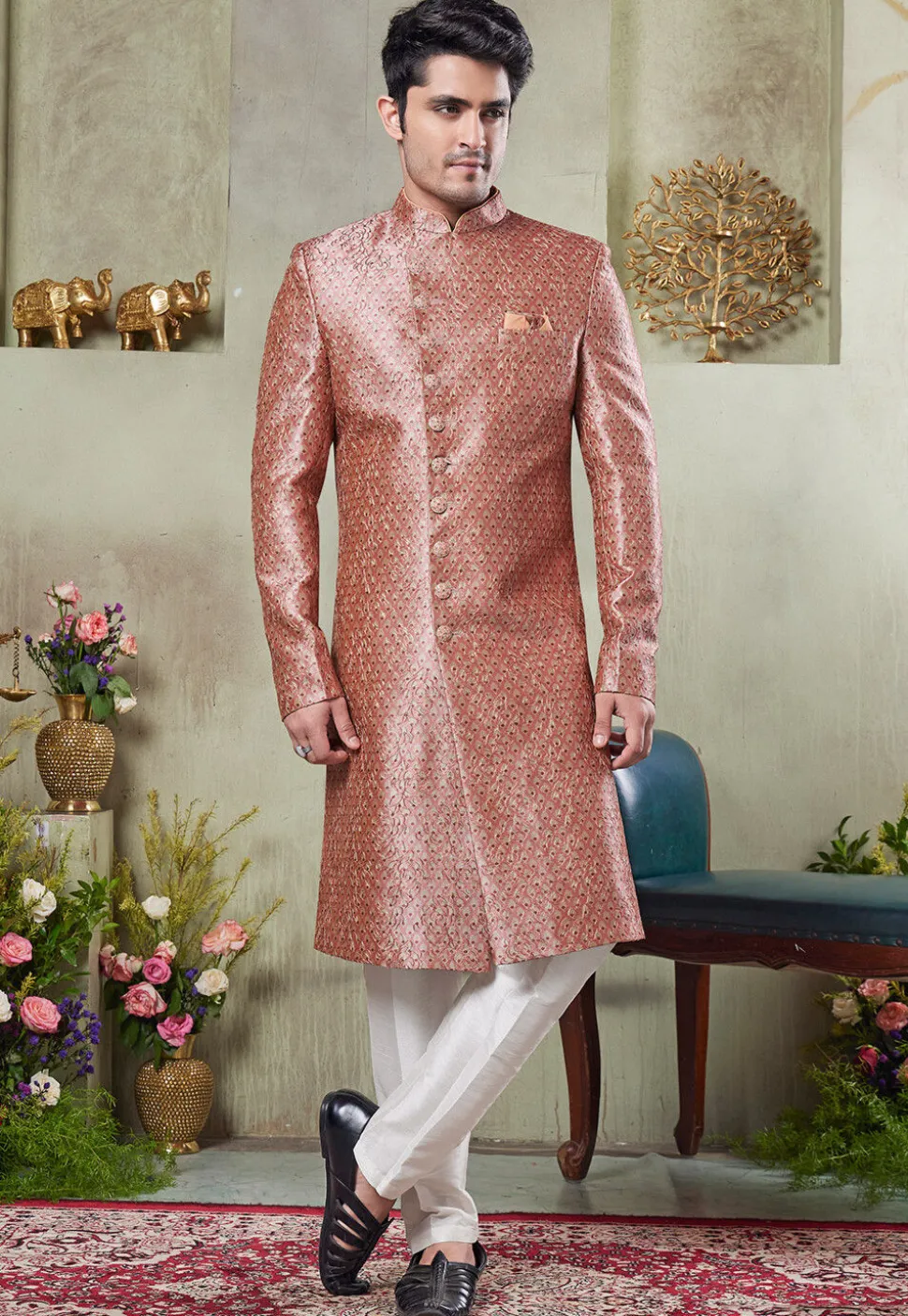 Digital Printed Art Silk Sherwani in Pink