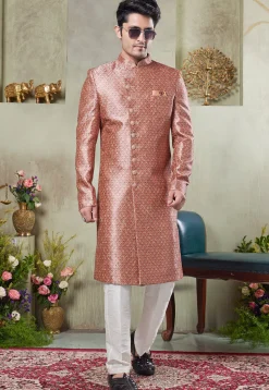 Digital Printed Art Silk Sherwani in Pink