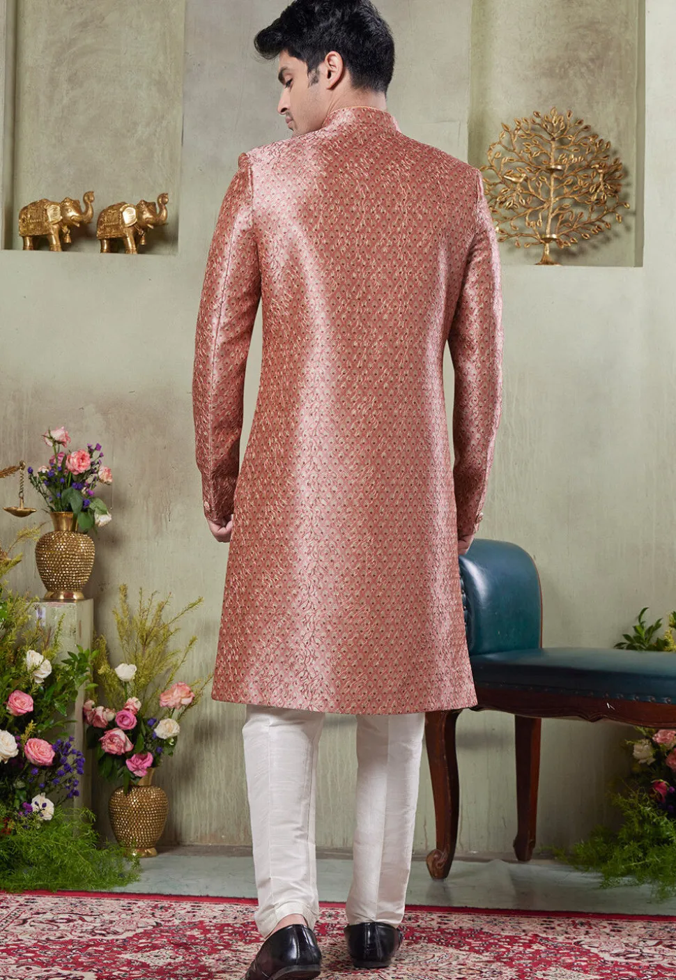 Digital Printed Art Silk Sherwani in Pink