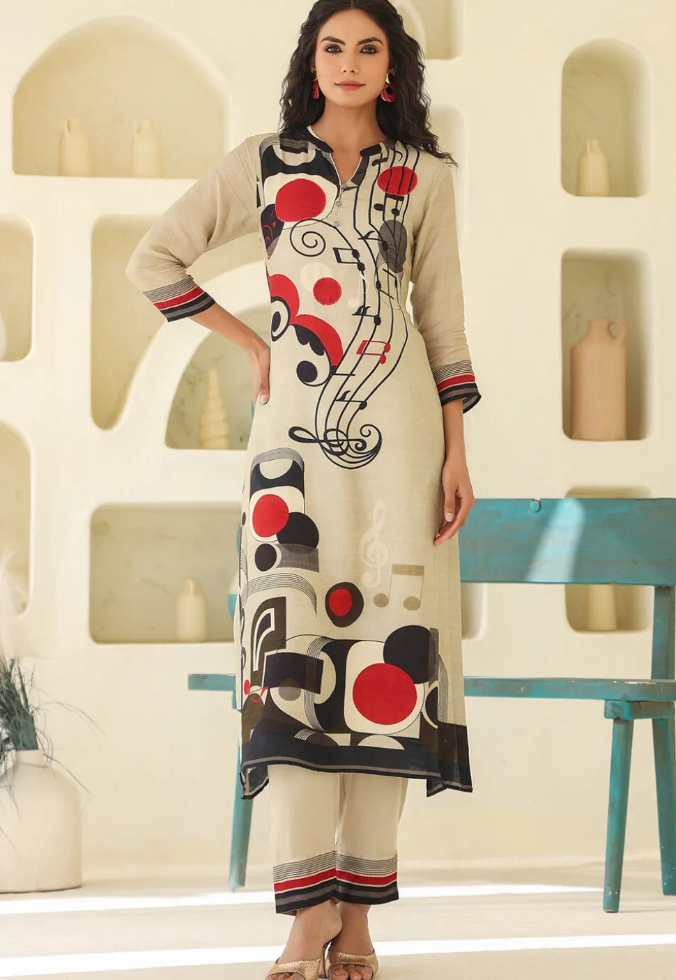 Digital Printed Art Silk Straight Kurta Set in Beige