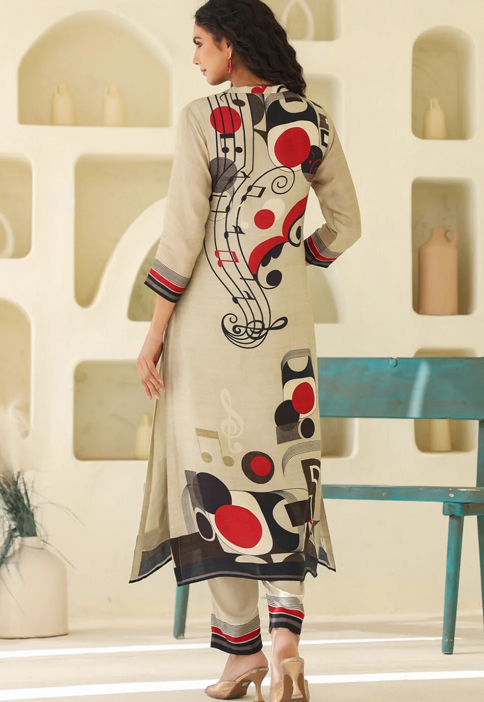 Digital Printed Art Silk Straight Kurta Set in Beige