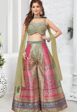 Digital Printed Art Silk Crop Top Set in Dusty Green