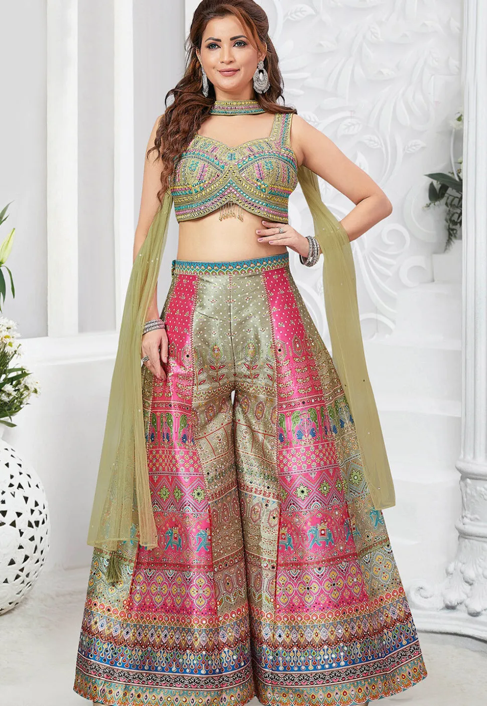 Digital Printed Art Silk Crop Top Set in Dusty Green
