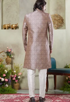 Digital Printed Art Silk Sherwani in Cream and Brown