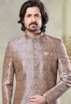 Digital Printed Art Silk Sherwani in Cream and Brown