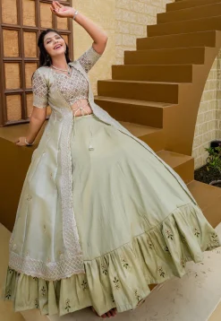 Digital Printed Art Silk Lehenga in Pastel Green