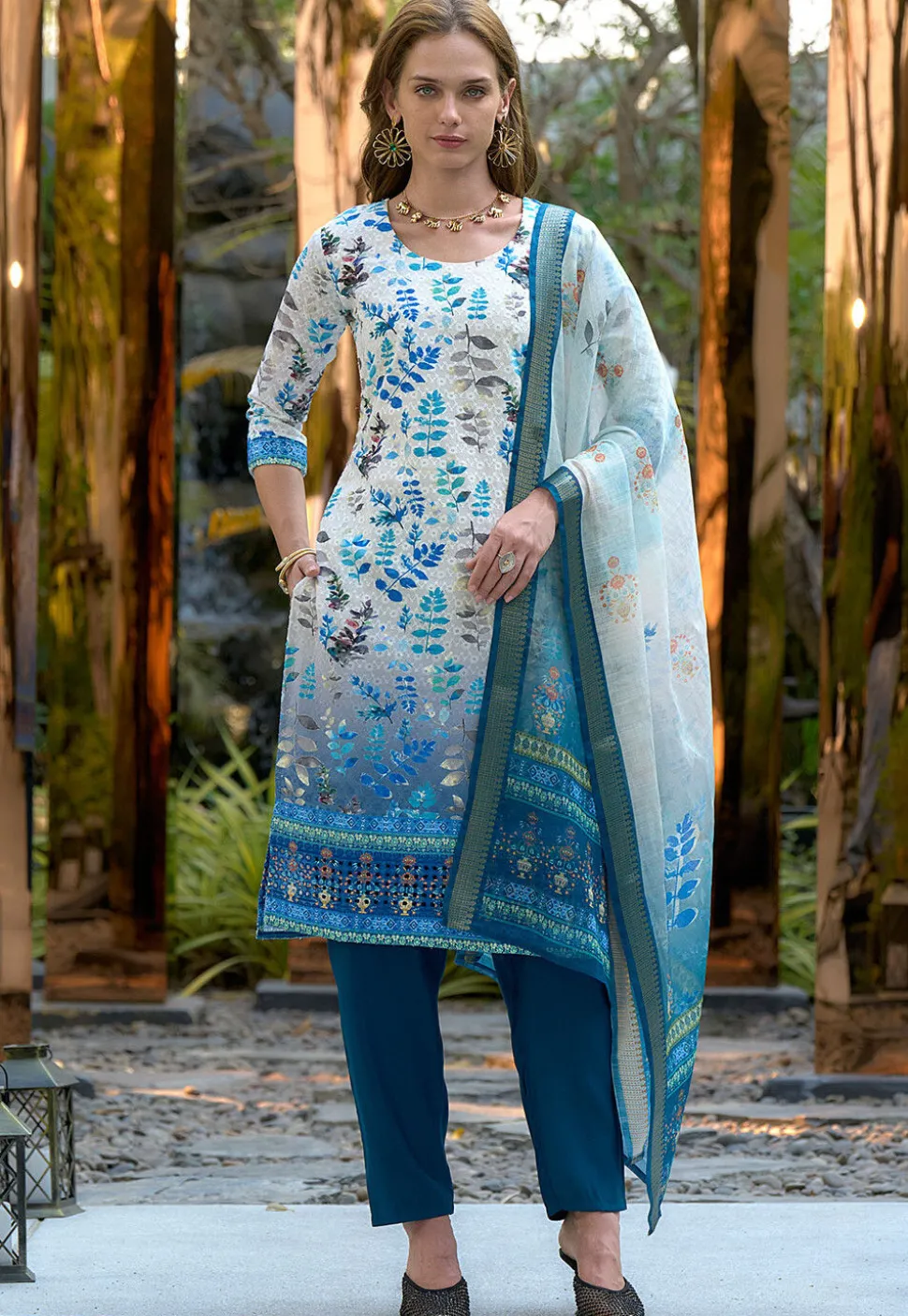Digital Printed Art Silk Pakistani Suit in Off White