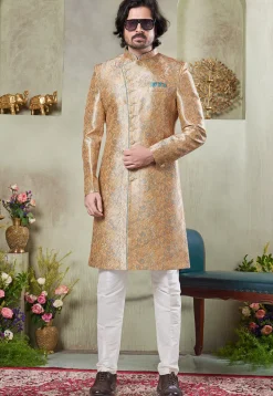 Digital Printed Art Silk Sherwani in Beige