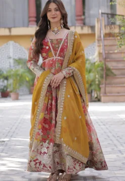 Digital Printed Art Silk Abaya Style Suit in Pink
