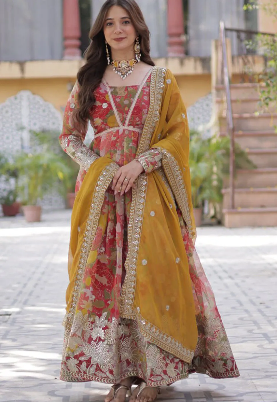 Digital Printed Art Silk Abaya Style Suit in Pink