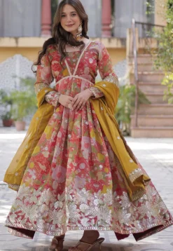 Digital Printed Art Silk Abaya Style Suit in Pink