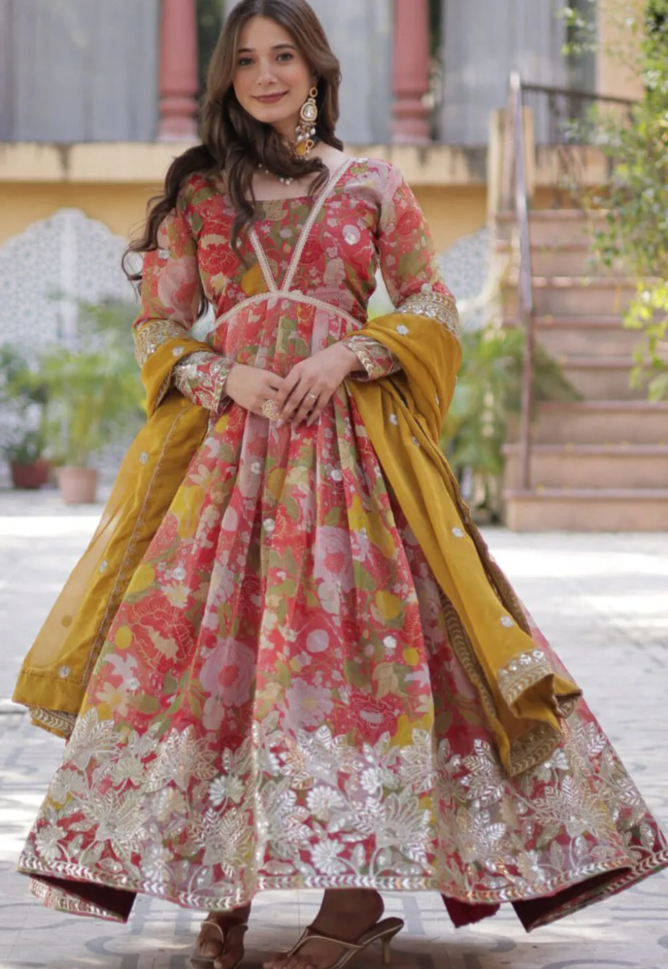 Digital Printed Art Silk Abaya Style Suit in Pink