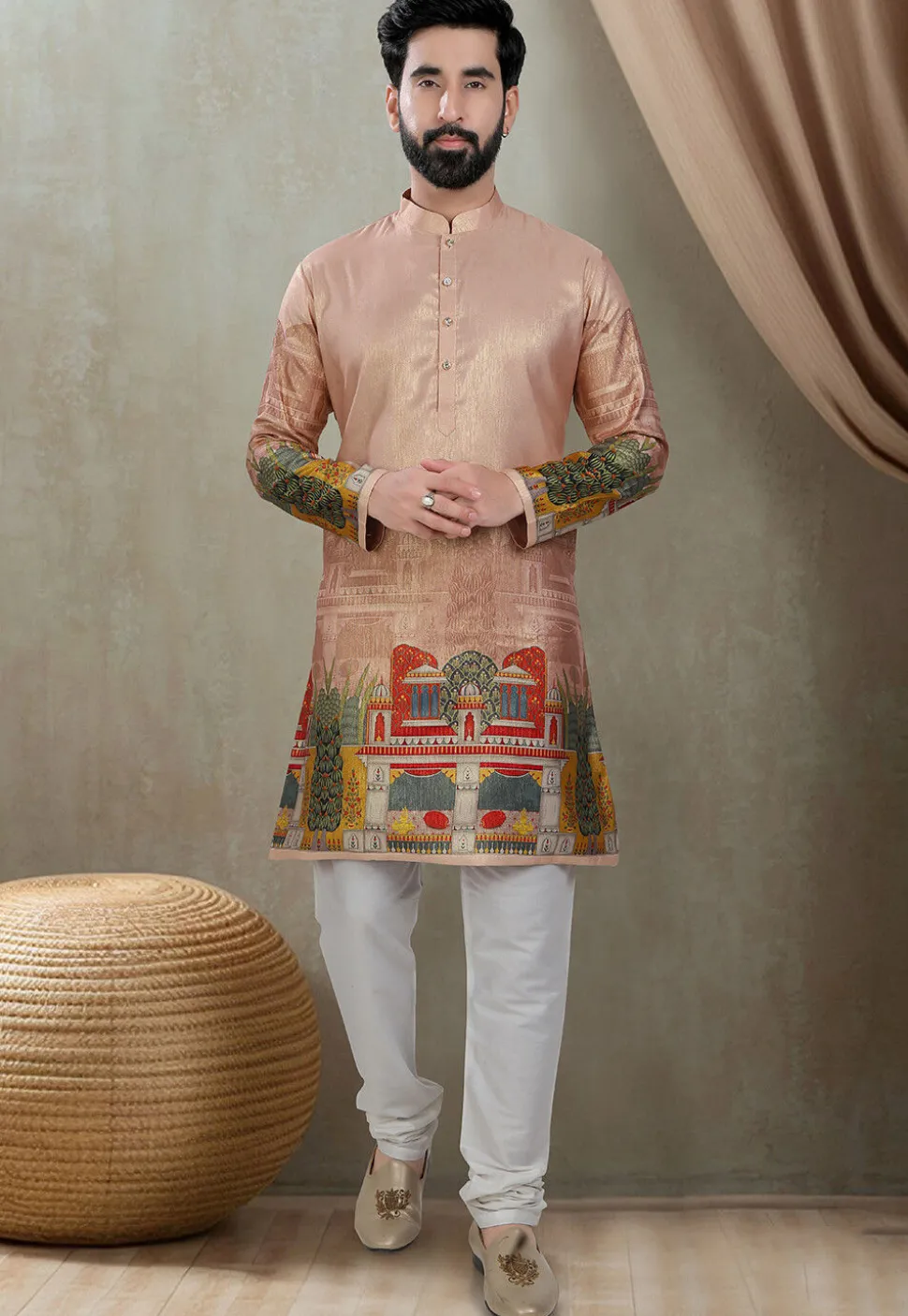 Digital Printed Art Silk Kurta in Peach
