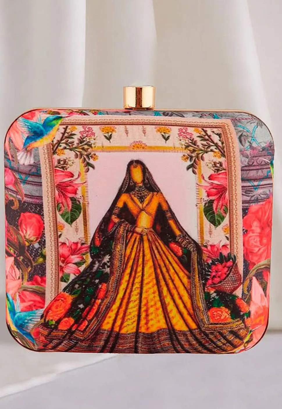 Digital Printed Art Silk Square Clutch Bag in Multicolor