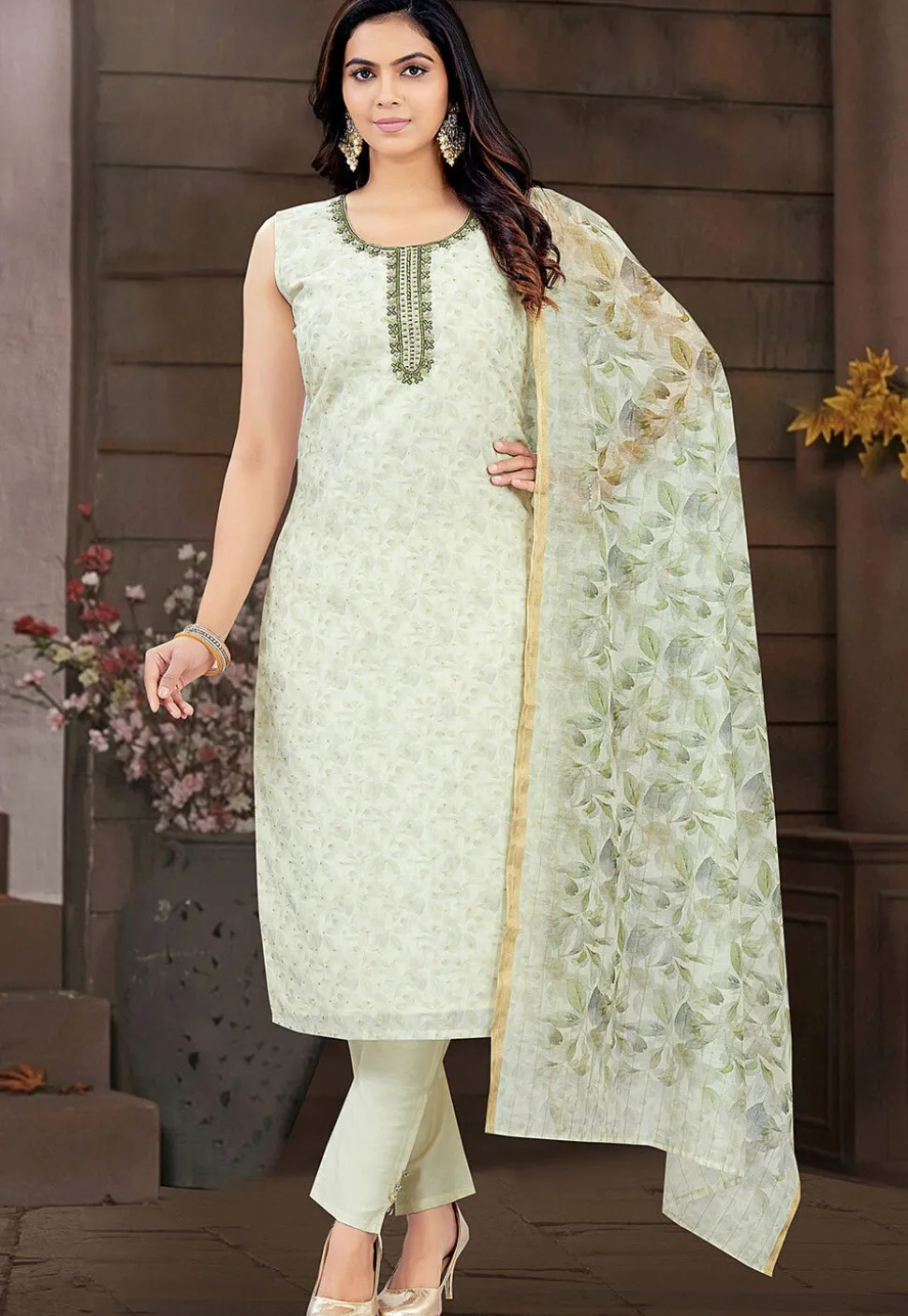 Digital Printed Art Silk Jacquard Pakistani Suit in Light Green