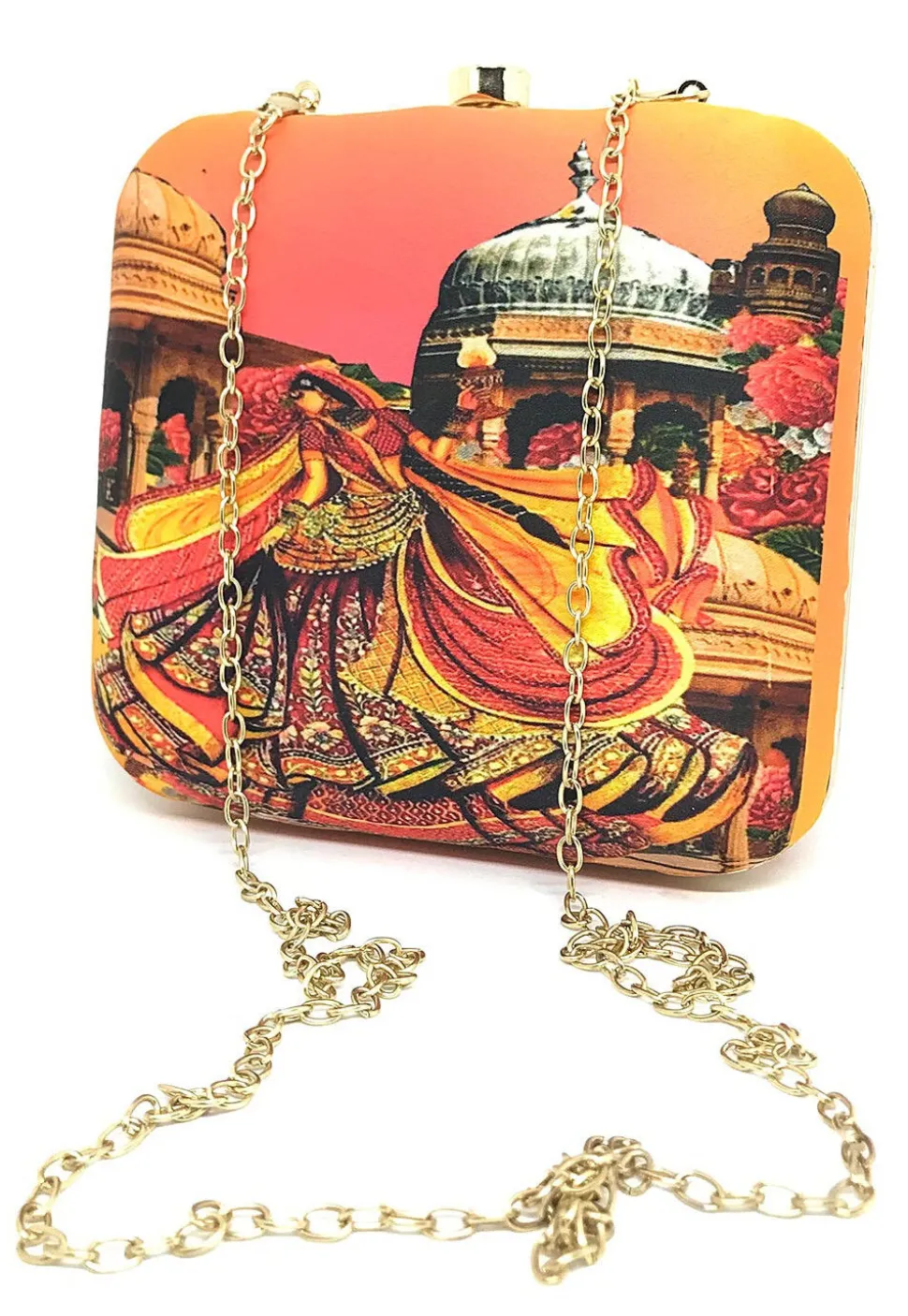 Digital Printed Art Silk Square Clutch Bag in Multicolor