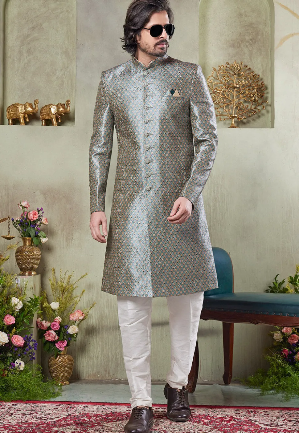 Digital Printed Art Silk Sherwani in Dusty Green