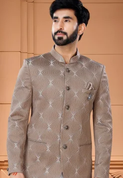 Digital Printed Art Silk Jodhpuri Suit in Brown