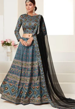 Digital Printed Art Silk Lehenga in Teal Blue
