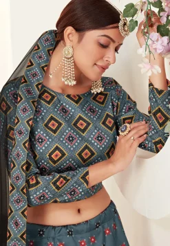 Digital Printed Art Silk Lehenga in Teal Blue