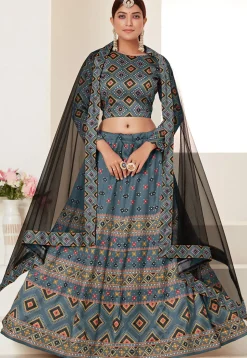 Digital Printed Art Silk Lehenga in Teal Blue