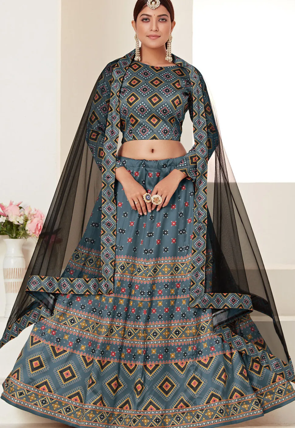 Digital Printed Art Silk Lehenga in Teal Blue