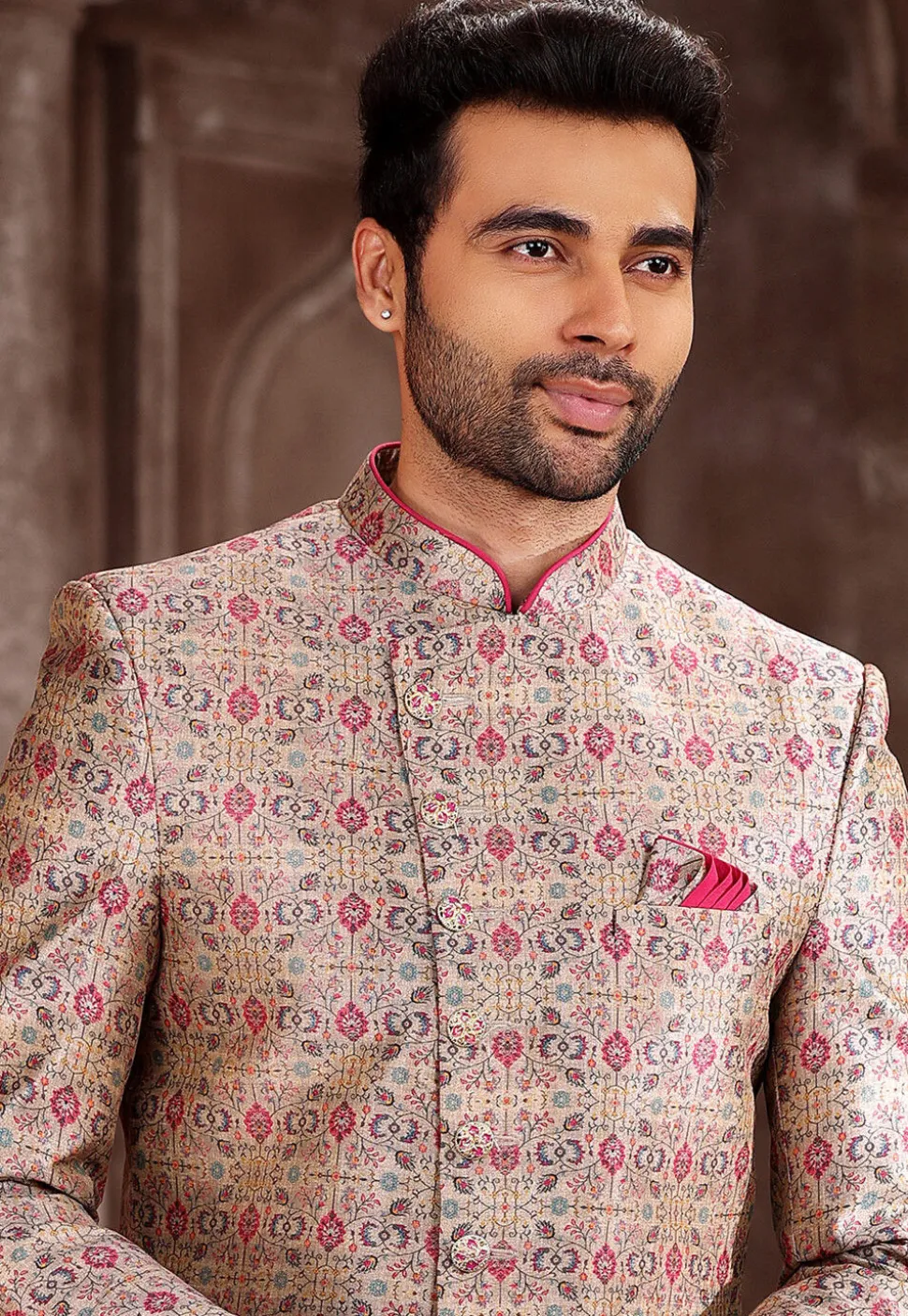 Digital Printed Art Silk Sherwani in Peach