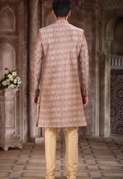 Digital Printed Art Silk Sherwani in Peach